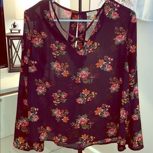 Black/floral print sheer long sleeve